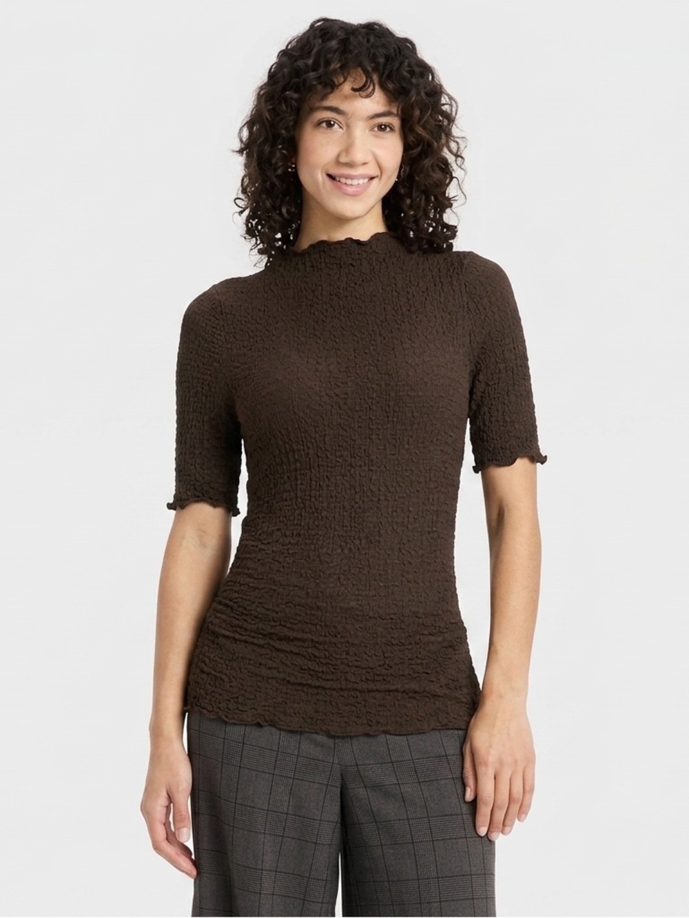 Brown Textured Short-Sleeve Mock Neck Top
